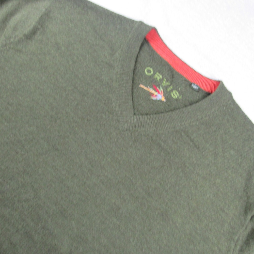 Orvis V-Neck Sweater Men's Large Green 100% Wool Fly Fishing Logo